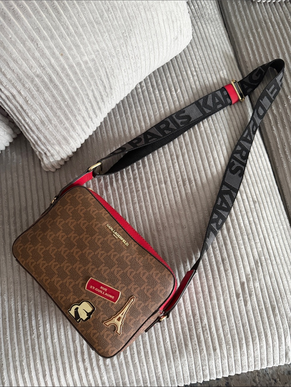 Karl Lagerfeld Brown Crossbody Camera Bag with Red Trim and Black Strap